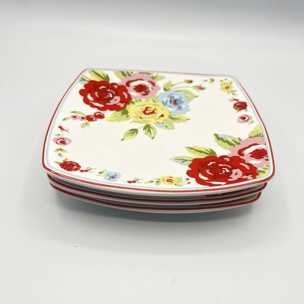 Shabby Chic Roses Small 6” Plates Square Appetizer Set of 3 Country Cottage